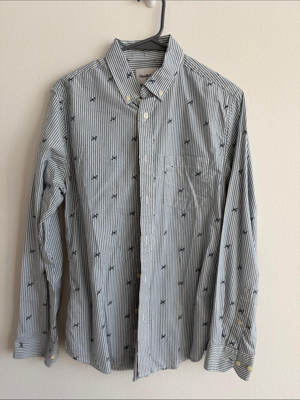Goodfellow & Co Light Blue and White Striped Button-Up with Navy Embroidery